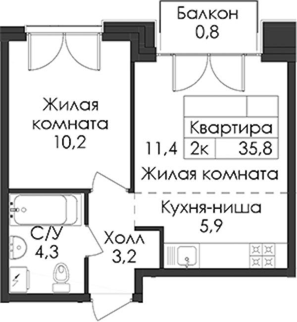 1-комнатная квартира 35.8 м², 7/9 эт., ЖК «Лермонтовский 54»
